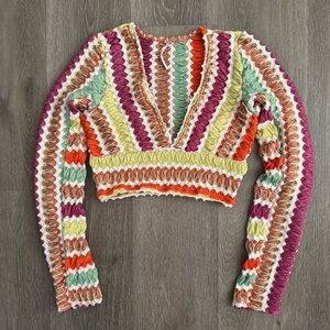Free People Twist & Shout Top Medium Boho Crochet Long Sleeve Crop Multicolor